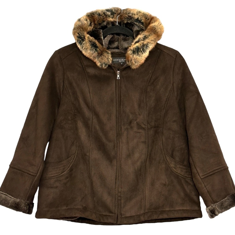 VTG Chocolate Brown Faux Suede Fur Trim Hooded Womens Coat Plus 1X Mob Wife Luxe